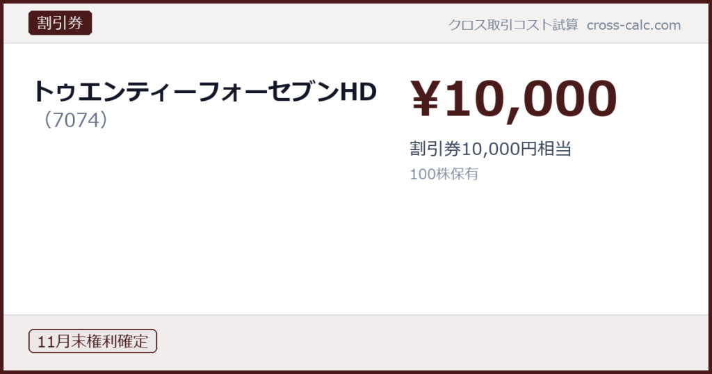 type=割引券|co=トゥエンティーフォーセブンHD|code=7074|val=10000|desc=割引券10,000円相当|shares=100|months=11月末|color=#4a1a1a