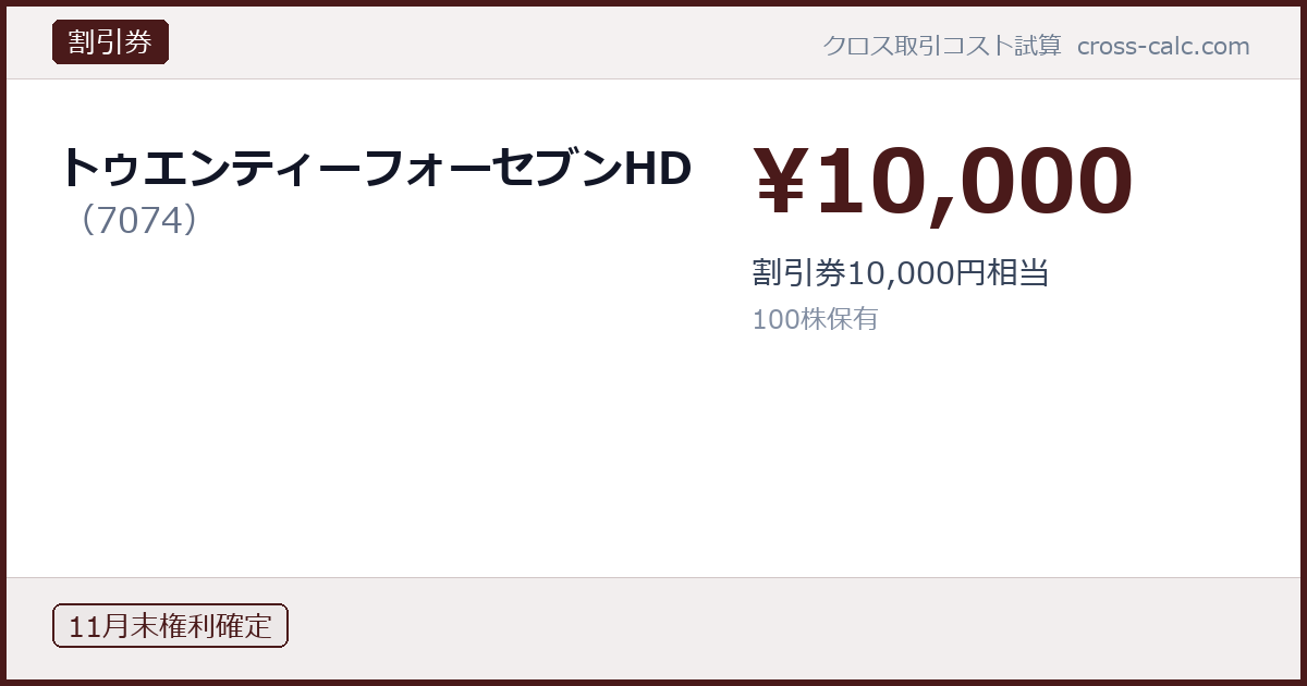 type=割引券|co=トゥエンティーフォーセブンHD|code=7074|val=10000|desc=割引券10,000円相当|shares=100|months=11月末|color=#4a1a1a
