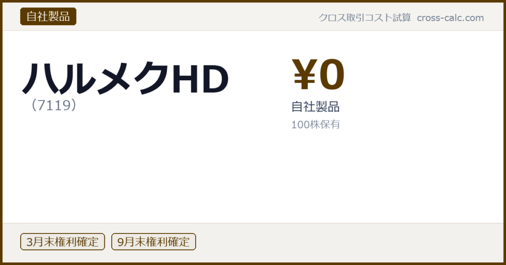 type=自社製品|co=ハルメクHD|code=7119|val=0|desc=自社製品|shares=100|months=3月末,9月末|color=#5a3a00