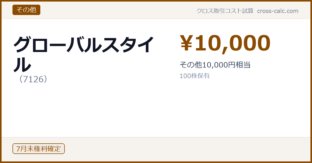 type=その他|co=グローバルスタイル|code=7126|val=10000|desc=その他10,000円相当|shares=100|months=7月末|color=#8a4a00
