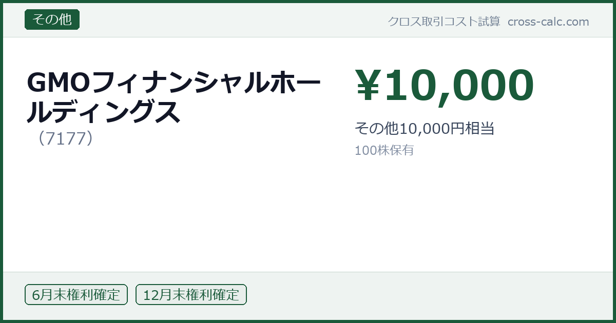 type=その他|co=GMOフィナンシャルホールディングス|code=7177|val=10000|desc=その他10,000円相当|shares=100|months=6月末,12月末|color=#1a5a3a