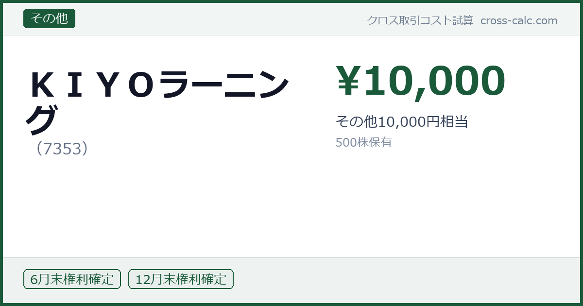 type=その他|co=KIYOラーニング|code=7353|val=10000|desc=その他10,000円相当|shares=500|months=6月末,12月末|color=#1a5a3a