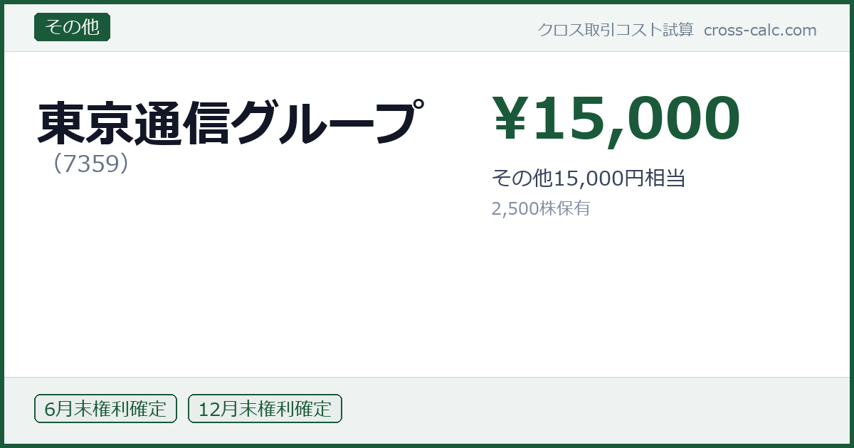 type=その他|co=東京通信グループ|code=7359|val=15000|desc=その他15,000円相当|shares=2500|months=6月末,12月末|color=#1a5a3a