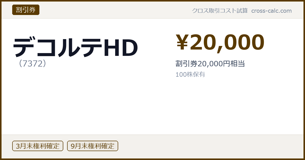 type=割引券|co=デコルテHD|code=7372|val=20000|desc=割引券20,000円相当|shares=100|months=3月末,9月末|color=#5a3a00