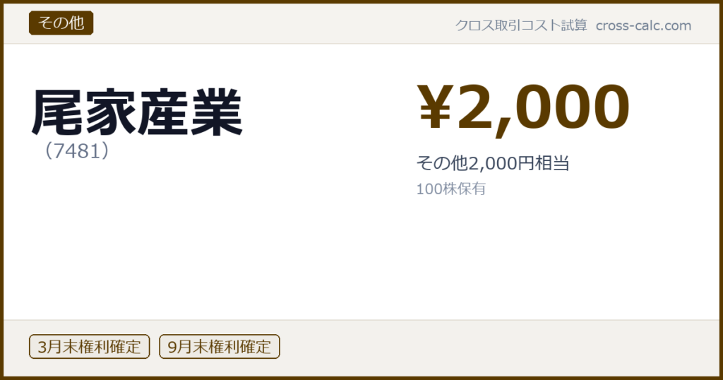 type=その他|co=尾家産業|code=7481|val=2000|desc=その他2,000円相当|shares=100|months=3月末,9月末|color=#5a3a00