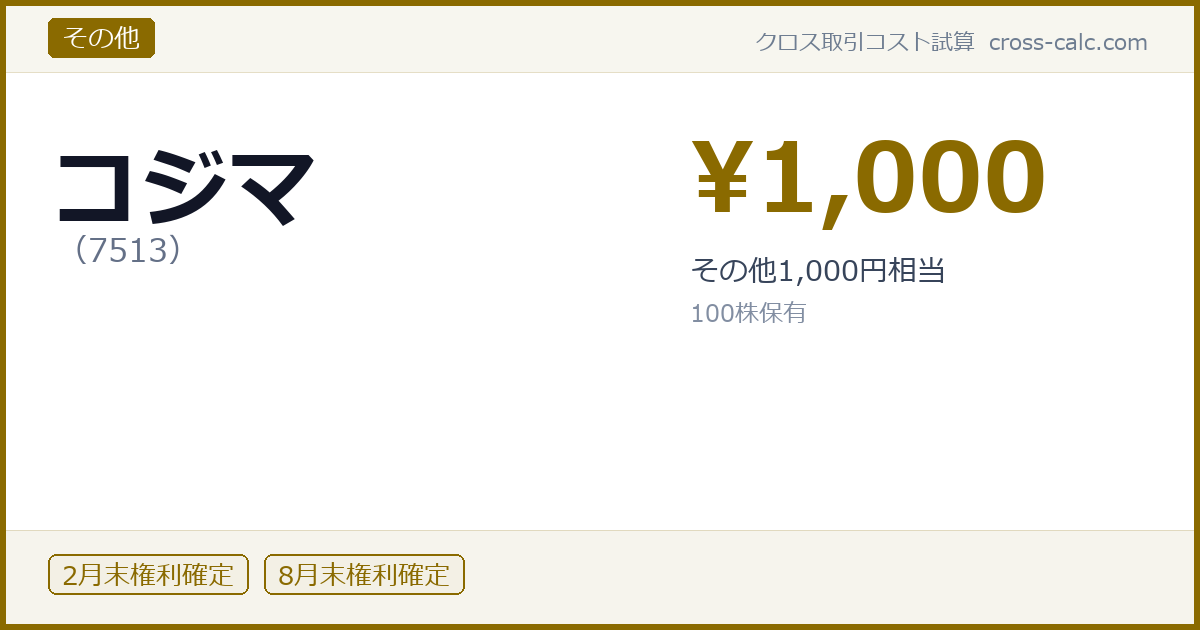 type=その他|co=コジマ|code=7513|val=1000|desc=その他1,000円相当|shares=100|months=2月末,8月末|color=#8a6a00