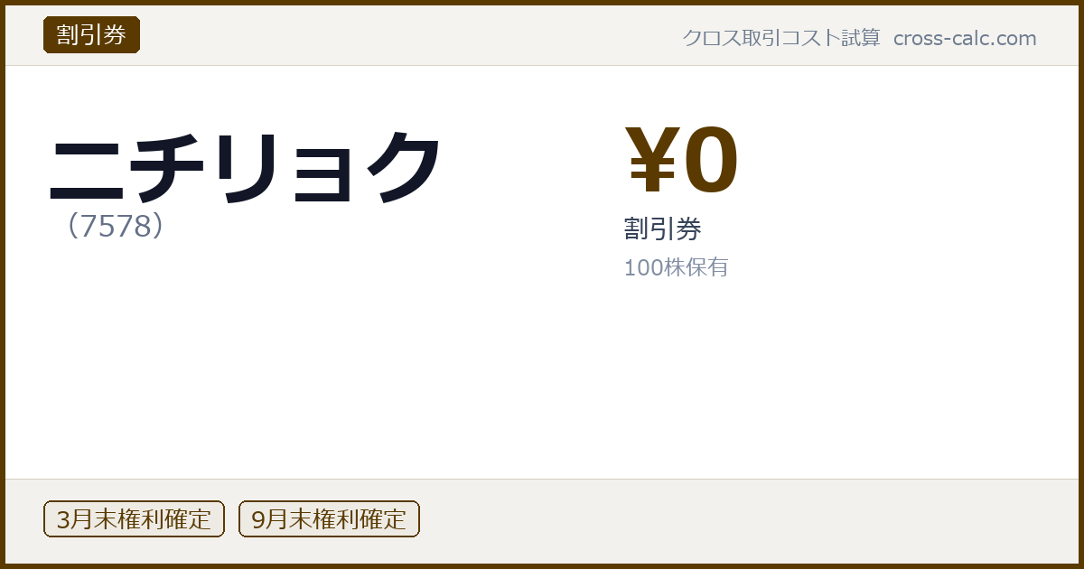 type=割引券|co=ニチリョク|code=7578|val=0|desc=割引券|shares=100|months=3月末,9月末|color=#5a3a00