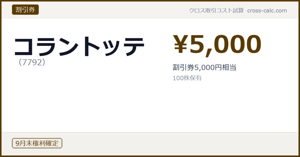 type=割引券|co=コラントッテ|code=7792|val=5000|desc=割引券5,000円相当|shares=100|months=9月末|color=#5a3a00