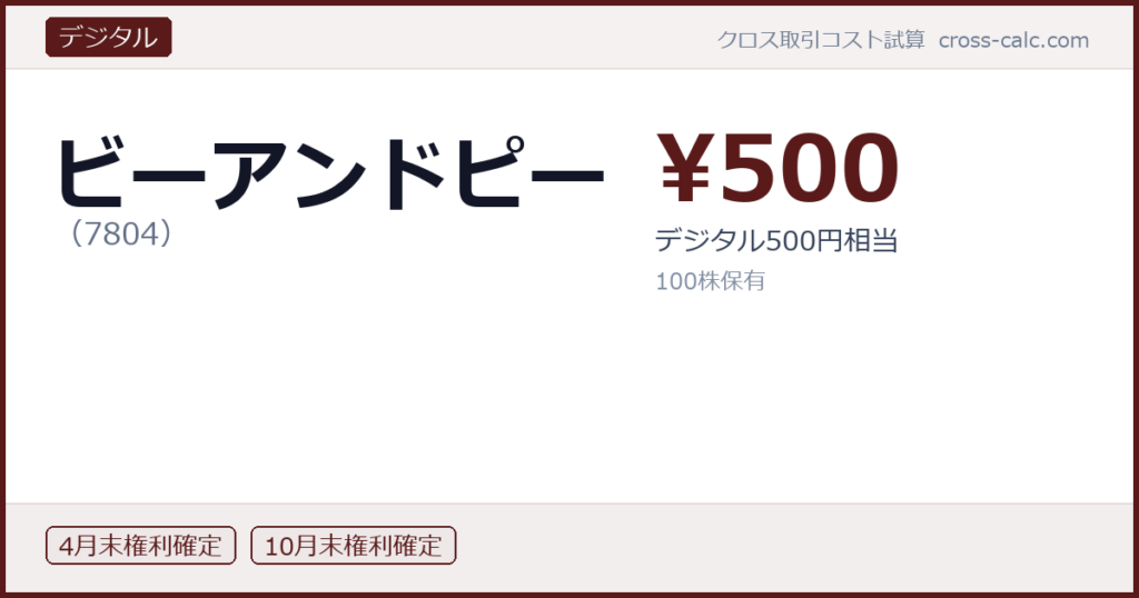 type=デジタル|co=ビーアンドピー|code=7804|val=500|desc=デジタル500円相当|shares=100|months=4月末,10月末|color=#5a1a1a