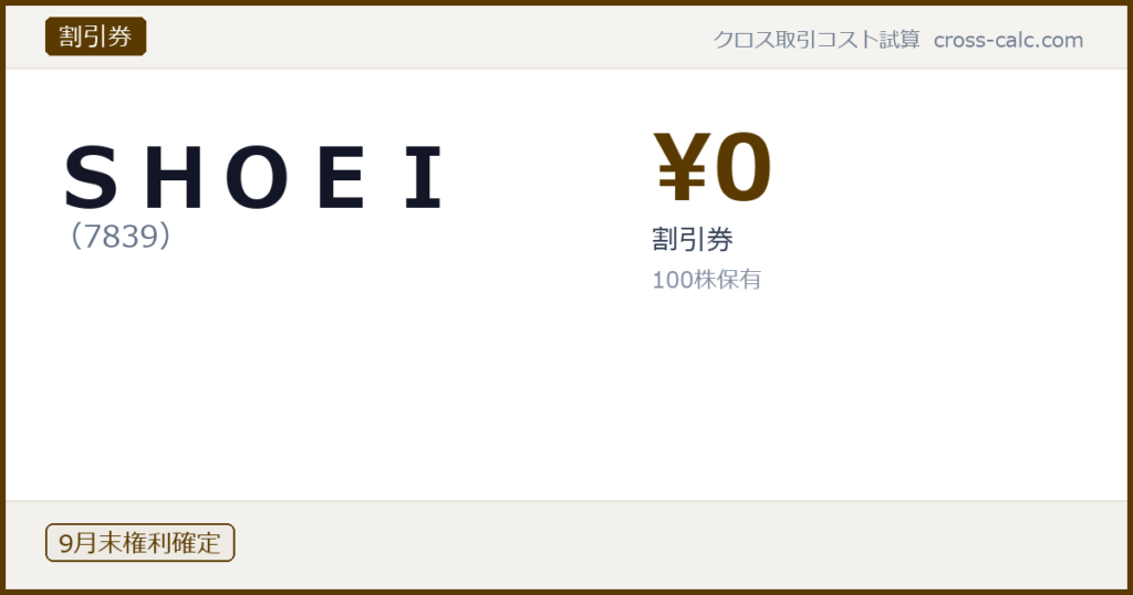 type=割引券|co=ＳＨＯＥＩ|code=7839|val=0|desc=割引券|shares=100|months=9月末|color=#5a3a00