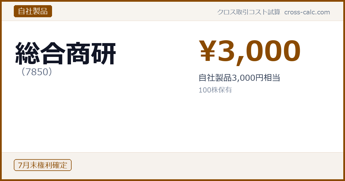 type=自社製品|co=総合商研|code=7850|val=3000|desc=自社製品3,000円相当|shares=100|months=7月末|color=#8a4a00