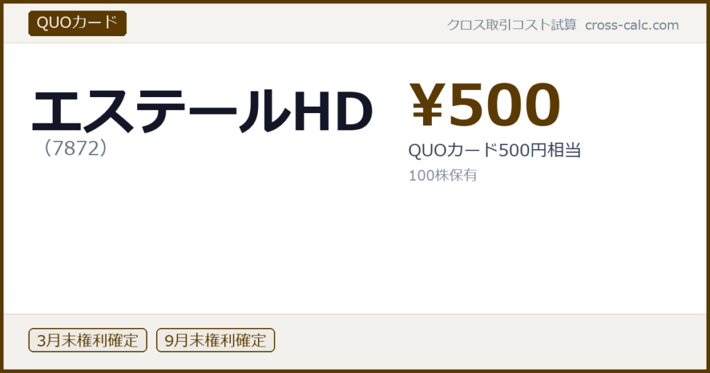 type=QUOカード|co=エステールHD|code=7872|val=500|desc=QUOカード500円相当|shares=100|months=3月末,9月末|color=#5a3a00