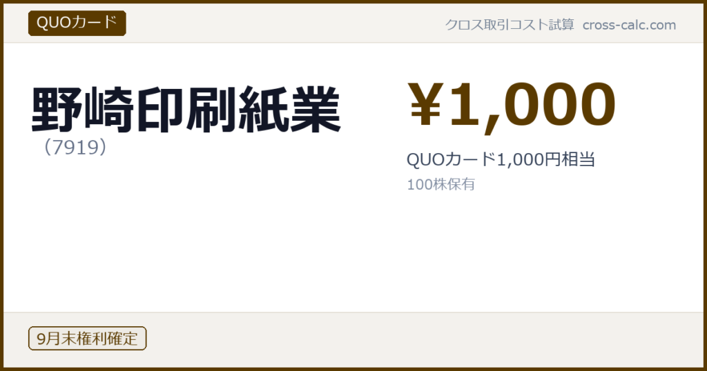 type=QUOカード|co=野崎印刷紙業|code=7919|val=1000|desc=QUOカード1,000円相当|shares=100|months=9月末|color=#5a3a00