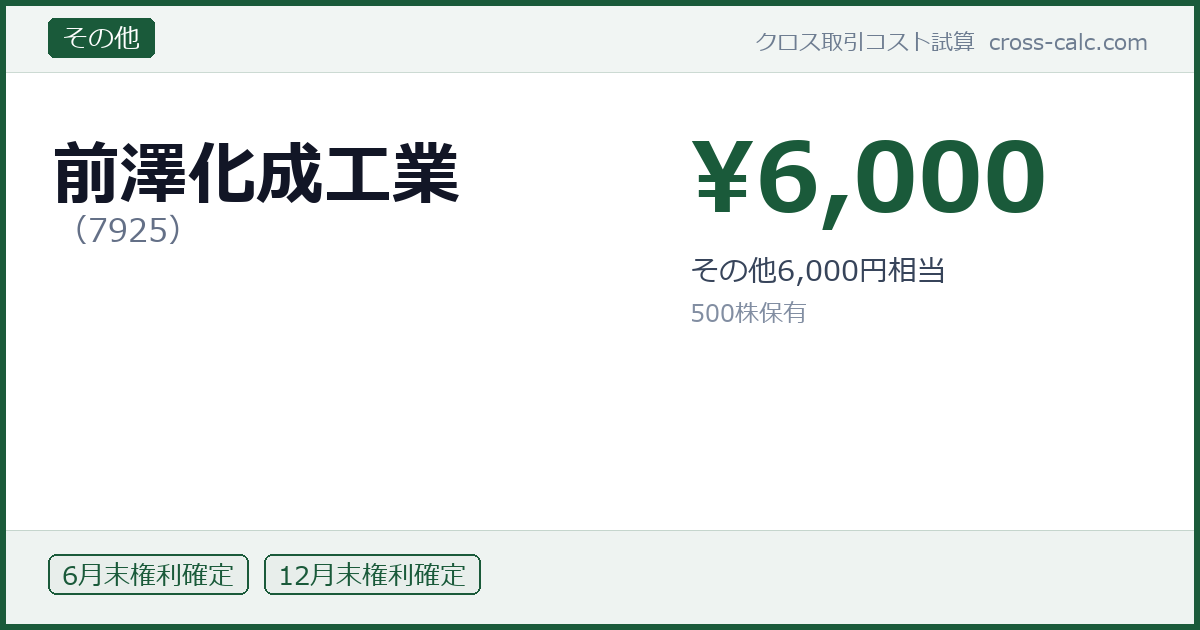 type=その他|co=前澤化成工業|code=7925|val=6000|desc=その他6,000円相当|shares=500|months=6月末,12月末|color=#1a5a3a