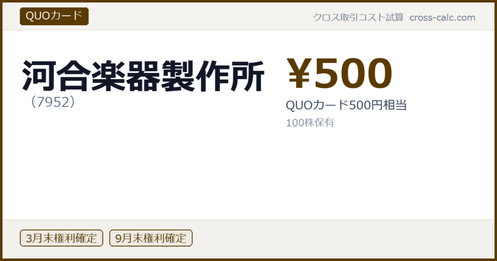 type=QUOカード|co=河合楽器製作所|code=7952|val=500|desc=QUOカード500円相当|shares=100|months=3月末,9月末|color=#5a3a00