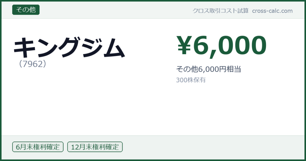 type=その他|co=キングジム|code=7962|val=6000|desc=その他6,000円相当|shares=300|months=6月末,12月末|color=#1a5a3a
