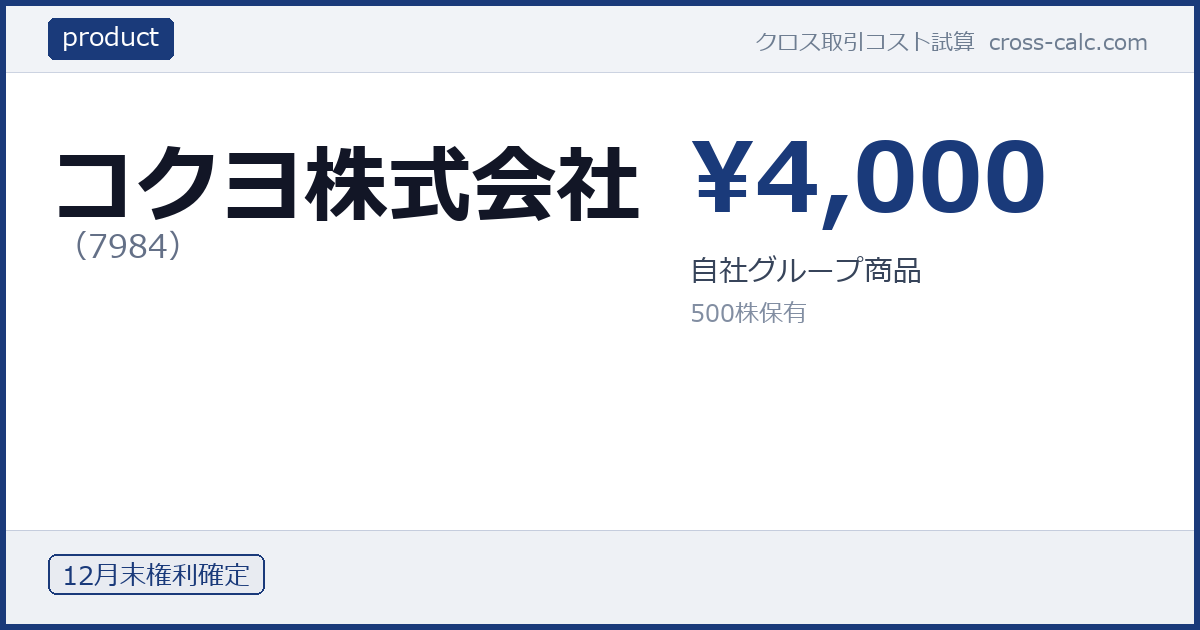 type=product|co=コクヨ株式会社|code=7984|val=4000|desc=自社グループ商品|shares=500|months=12月末|color=#1a3a7a
