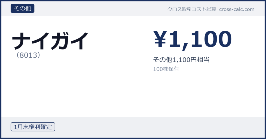 type=その他|co=ナイガイ|code=8013|val=1100|desc=その他1,100円相当|shares=100|months=1月末|color=#1a3060