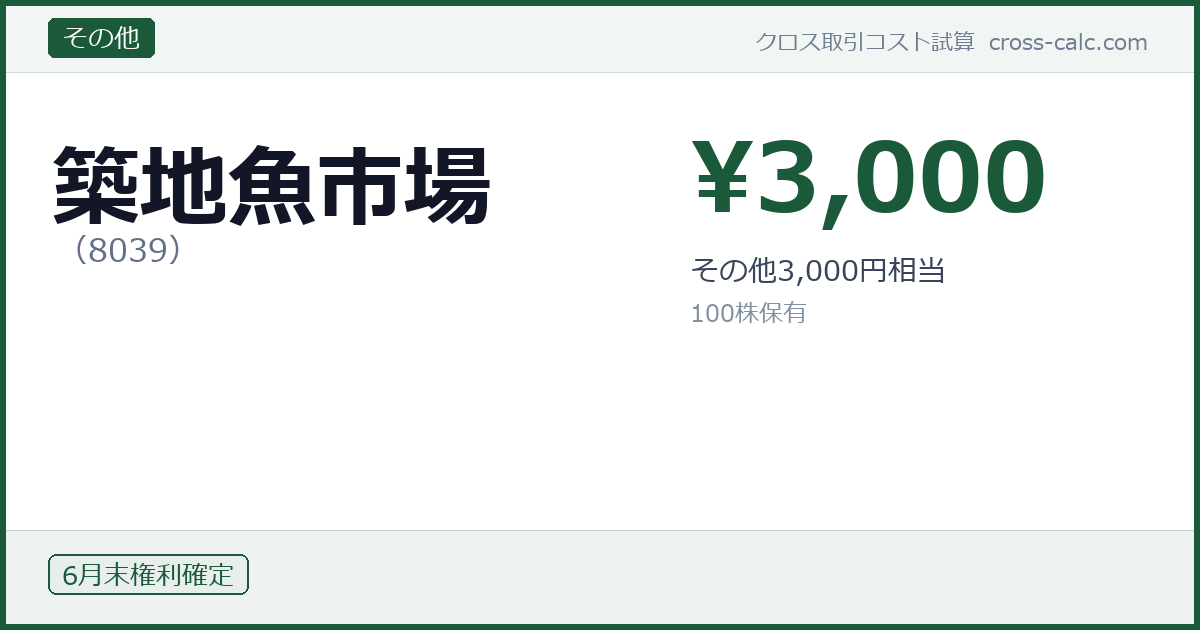 type=その他|co=築地魚市場|code=8039|val=3000|desc=その他3,000円相当|shares=100|months=6月末|color=#1a5a3a