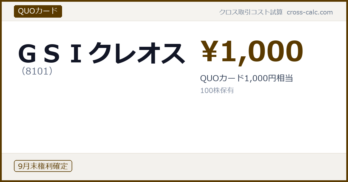 type=QUOカード|co=ＧＳＩクレオス|code=8101|val=1000|desc=QUOカード1,000円相当|shares=100|months=9月末|color=#5a3a00