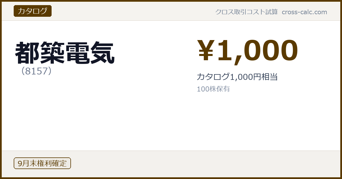 type=カタログ|co=都築電気|code=8157|val=1000|desc=カタログ1,000円相当|shares=100|months=9月末|color=#5a3a00