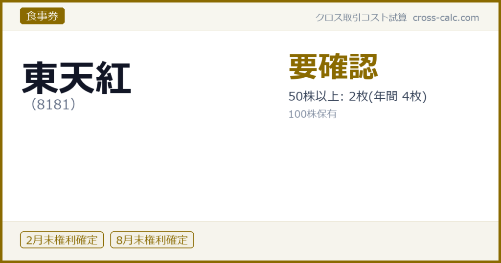 type=食事券|co=東天紅|code=8181|val=要確認|desc=50株以上: 2枚(年間 4枚)|shares=100|months=2月末,8月末|color=#8a6a00