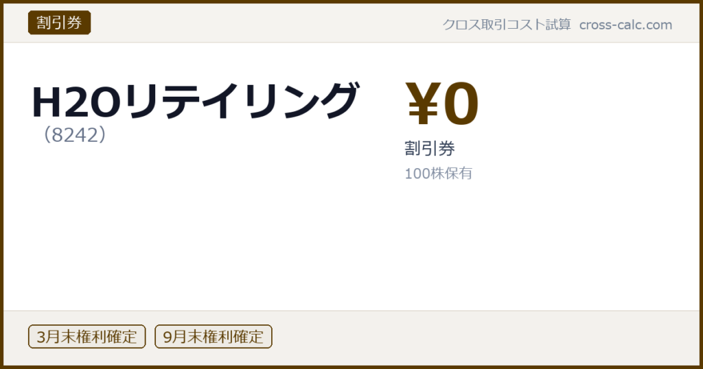 type=割引券|co=H2Oリテイリング|code=8242|val=0|desc=割引券|shares=100|months=3月末,9月末|color=#5a3a00
