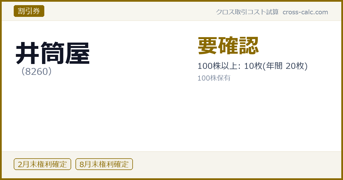 type=割引券|co=井筒屋|code=8260|val=要確認|desc=100株以上: 10枚(年間 20枚)|shares=100|months=2月末,8月末|color=#8a6a00