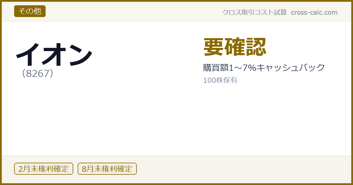 type=その他|co=イオン|code=8267|val=要確認|desc=購買額1〜7%キャッシュバック|shares=100|months=2月末,8月末|color=#8a6a00