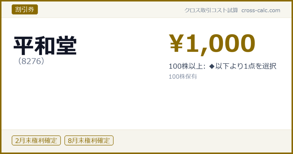 type=割引券|co=平和堂|code=8276|val=1000|desc=100株以上: ◆以下より1点を選択|shares=100|months=2月末,8月末|color=#8a6a00