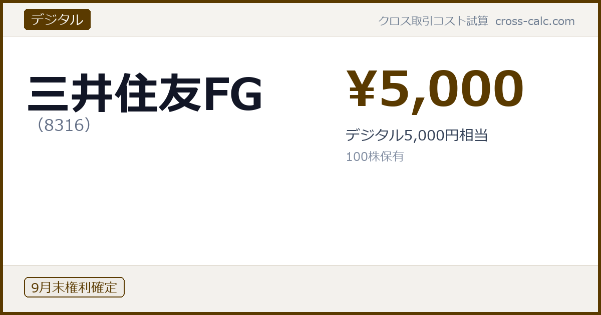 type=デジタル|co=三井住友FG|code=8316|val=5000|desc=デジタル5,000円相当|shares=100|months=9月末|color=#5a3a00