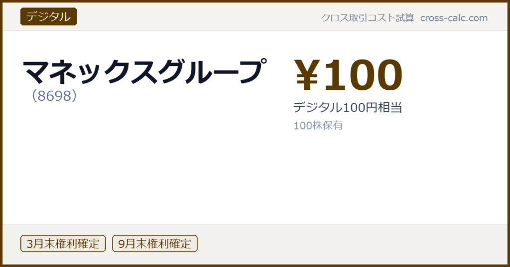 type=デジタル|co=マネックスグループ|code=8698|val=100|desc=デジタル100円相当|shares=100|months=3月末,9月末|color=#5a3a00