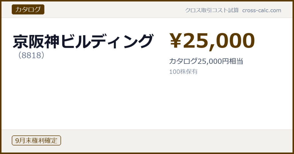 type=カタログ|co=京阪神ビルディング|code=8818|val=25000|desc=カタログ25,000円相当|shares=100|months=9月末|color=#5a3a00
