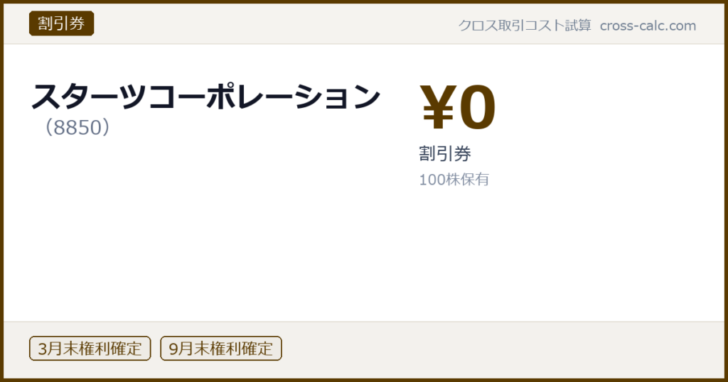 type=割引券|co=スターツコーポレーション|code=8850|val=0|desc=割引券|shares=100|months=3月末,9月末|color=#5a3a00