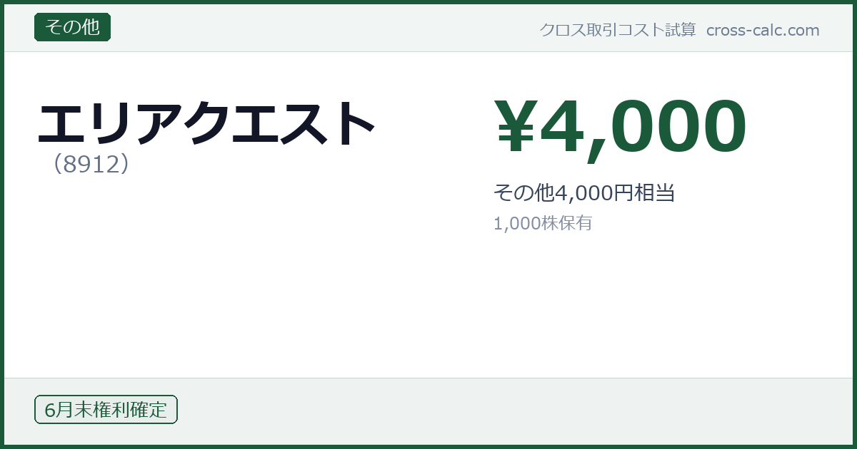type=その他|co=エリアクエスト|code=8912|val=4000|desc=その他4,000円相当|shares=1000|months=6月末|color=#1a5a3a