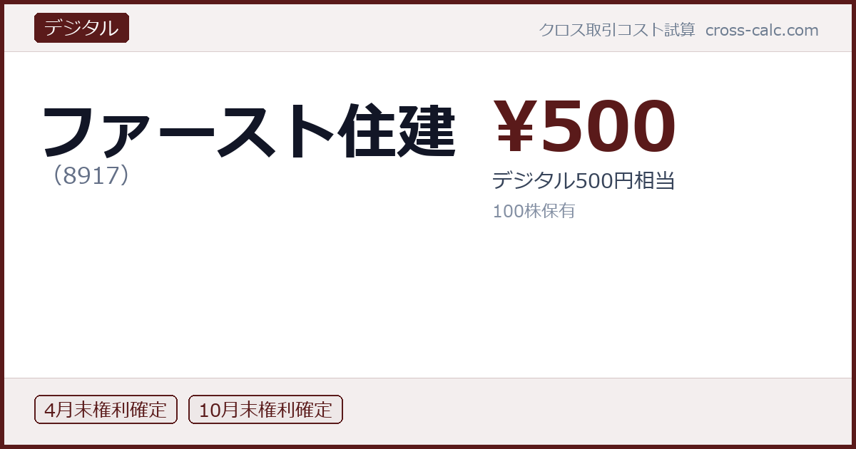 type=デジタル|co=ファースト住建|code=8917|val=500|desc=デジタル500円相当|shares=100|months=4月末,10月末|color=#5a1a1a