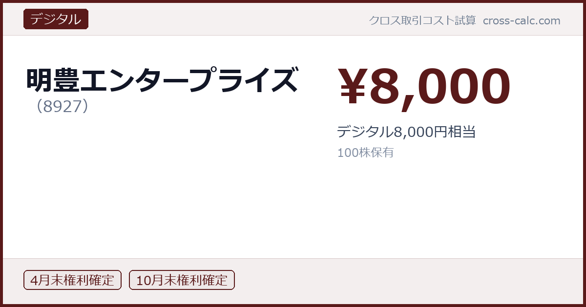 type=デジタル|co=明豊エンタープライズ|code=8927|val=8000|desc=デジタル8,000円相当|shares=100|months=4月末,10月末|color=#5a1a1a