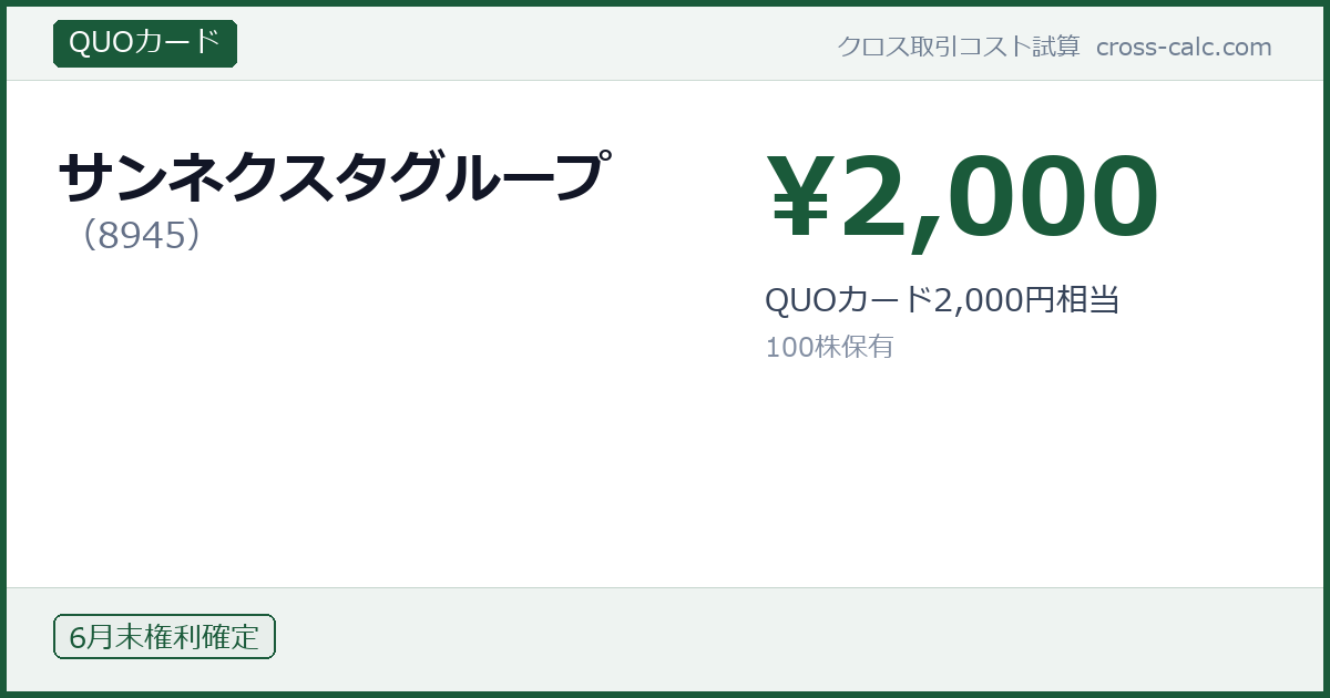 type=QUOカード|co=サンネクスタグループ|code=8945|val=2000|desc=QUOカード2,000円相当|shares=100|months=6月末|color=#1a5a3a
