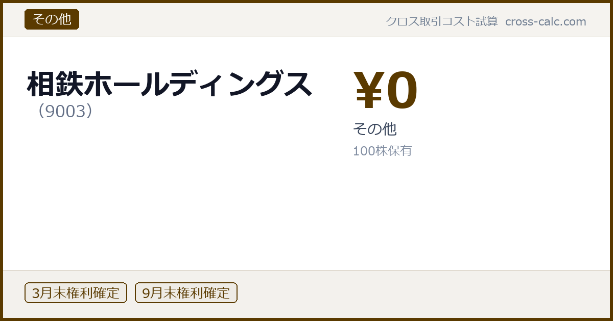 type=その他|co=相鉄ホールディングス|code=9003|val=0|desc=その他|shares=100|months=3月末,9月末|color=#5a3a00