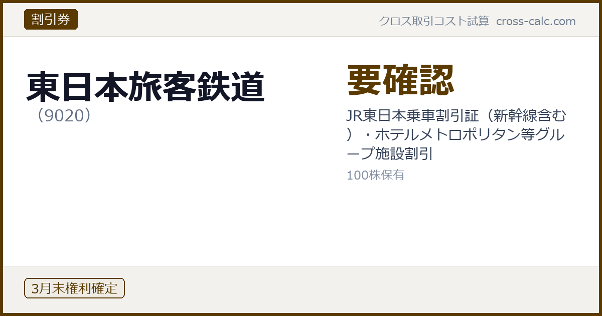 type=割引券|co=東日本旅客鉄道|code=9020|val=要確認|desc=JR東日本乗車割引証（新幹線含む）・ホテルメトロポリタン等グループ施設割引|shares=100|months=3月末|color=#5a3a00