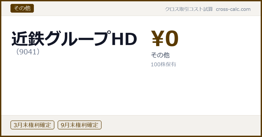 type=その他|co=近鉄グループHD|code=9041|val=0|desc=その他|shares=100|months=3月末,9月末|color=#5a3a00