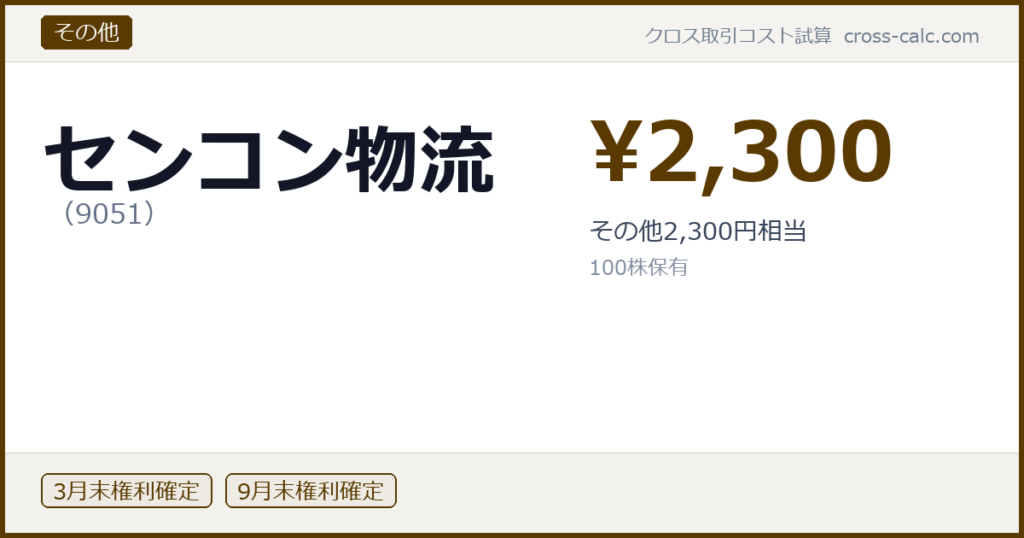type=その他|co=センコン物流|code=9051|val=2300|desc=その他2,300円相当|shares=100|months=3月末,9月末|color=#5a3a00