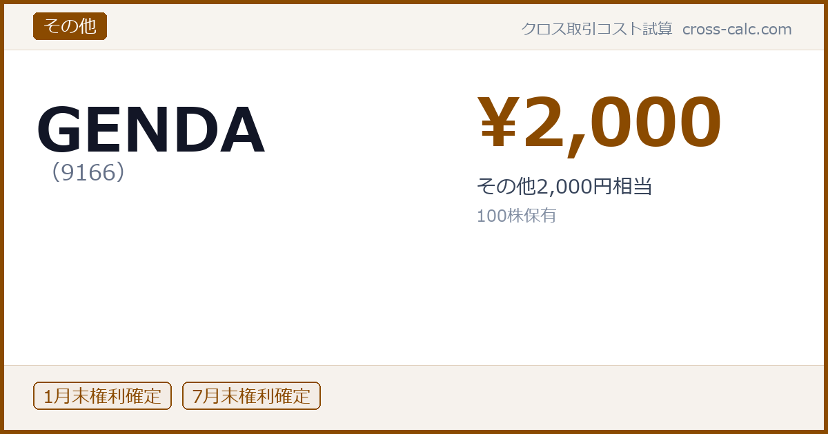 type=その他|co=GENDA|code=9166|val=2000|desc=その他2,000円相当|shares=100|months=1月末,7月末|color=#8a4a00