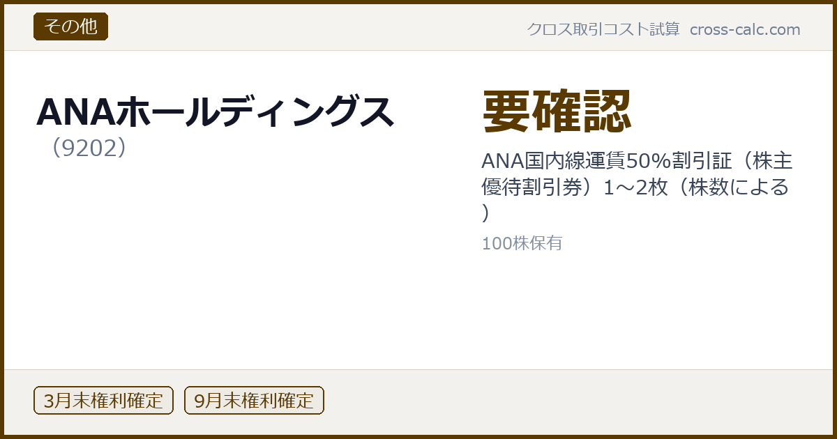 type=その他|co=ANAホールディングス|code=9202|val=要確認|desc=ANA国内線運賃50%割引証（株主優待割引券）1〜2枚（株数による）|shares=100|months=3月末,9月末|color=#5a3a00
