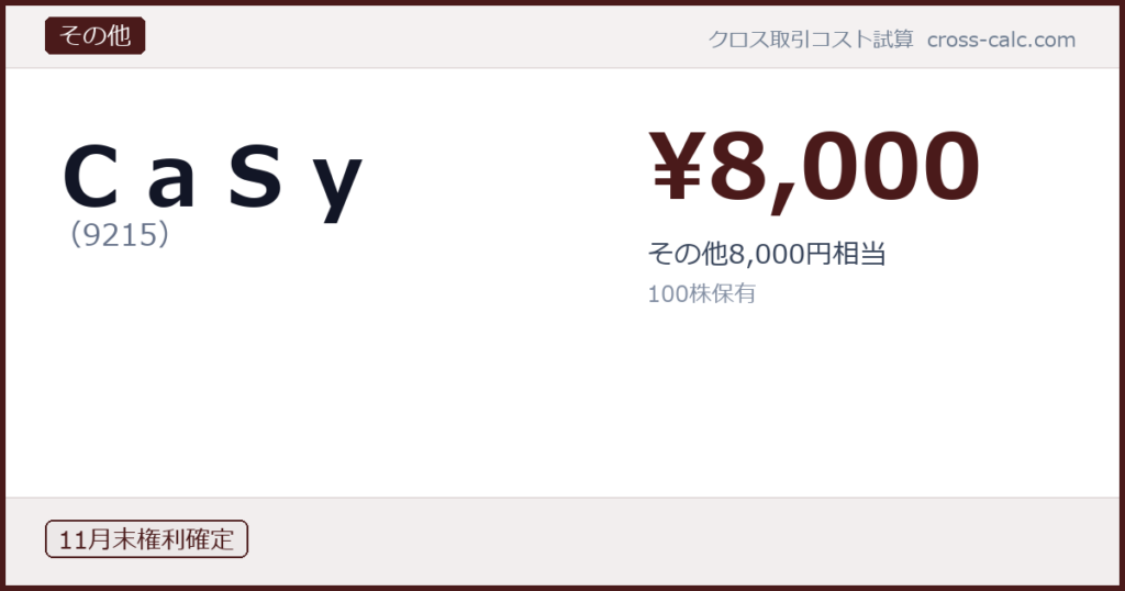 type=その他|co=ＣａＳｙ|code=9215|val=8000|desc=その他8,000円相当|shares=100|months=11月末|color=#4a1a1a