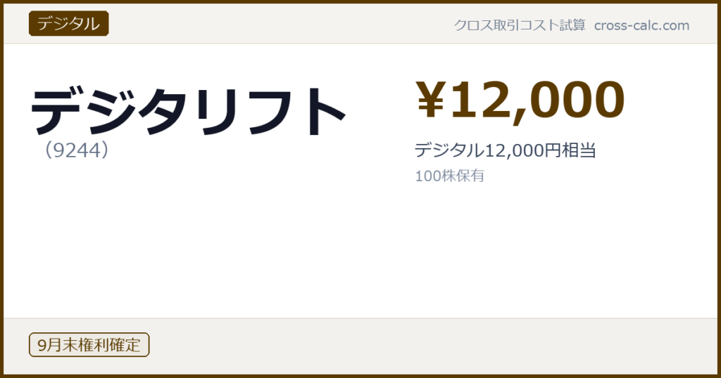 type=デジタル|co=デジタリフト|code=9244|val=12000|desc=デジタル12,000円相当|shares=100|months=9月末|color=#5a3a00