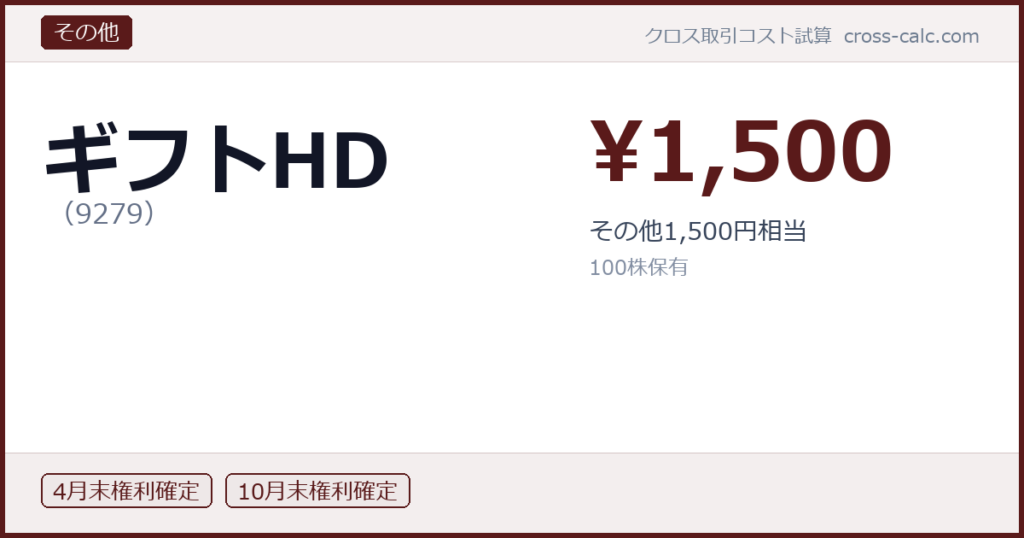 type=その他|co=ギフトHD|code=9279|val=1500|desc=その他1,500円相当|shares=100|months=4月末,10月末|color=#5a1a1a