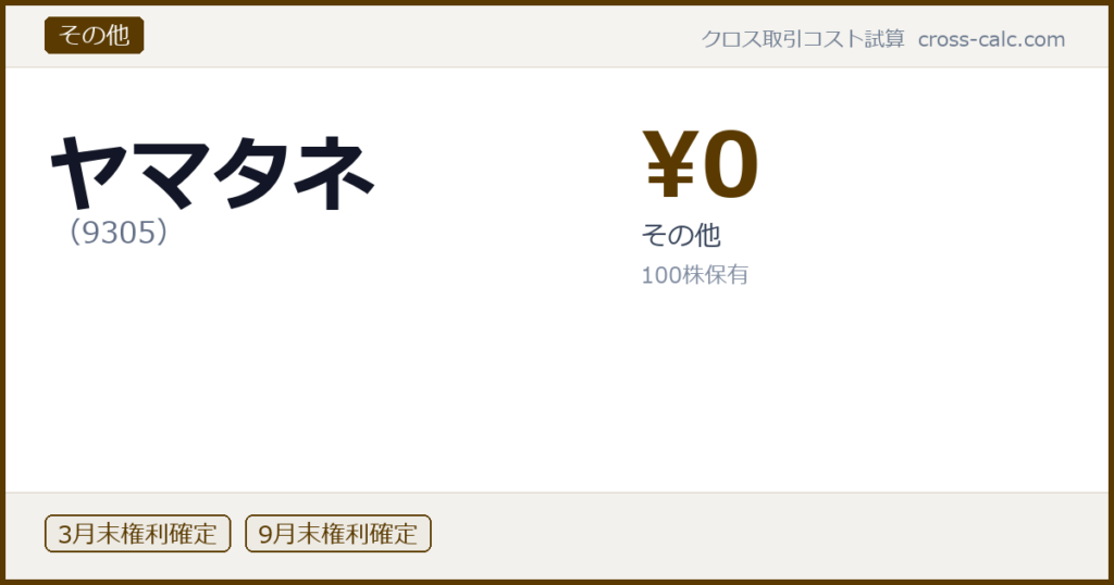 type=その他|co=ヤマタネ|code=9305|val=0|desc=その他|shares=100|months=3月末,9月末|color=#5a3a00