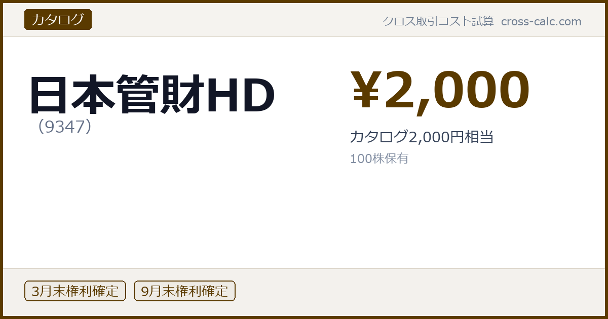 type=カタログ|co=日本管財HD|code=9347|val=2000|desc=カタログ2,000円相当|shares=100|months=3月末,9月末|color=#5a3a00