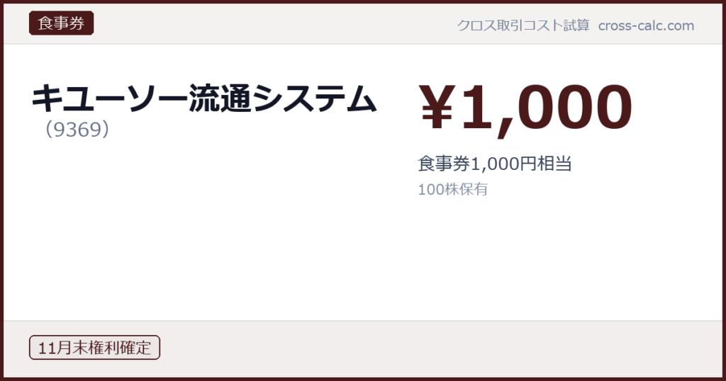 type=食事券|co=キユーソー流通システム|code=9369|val=1000|desc=食事券1,000円相当|shares=100|months=11月末|color=#4a1a1a